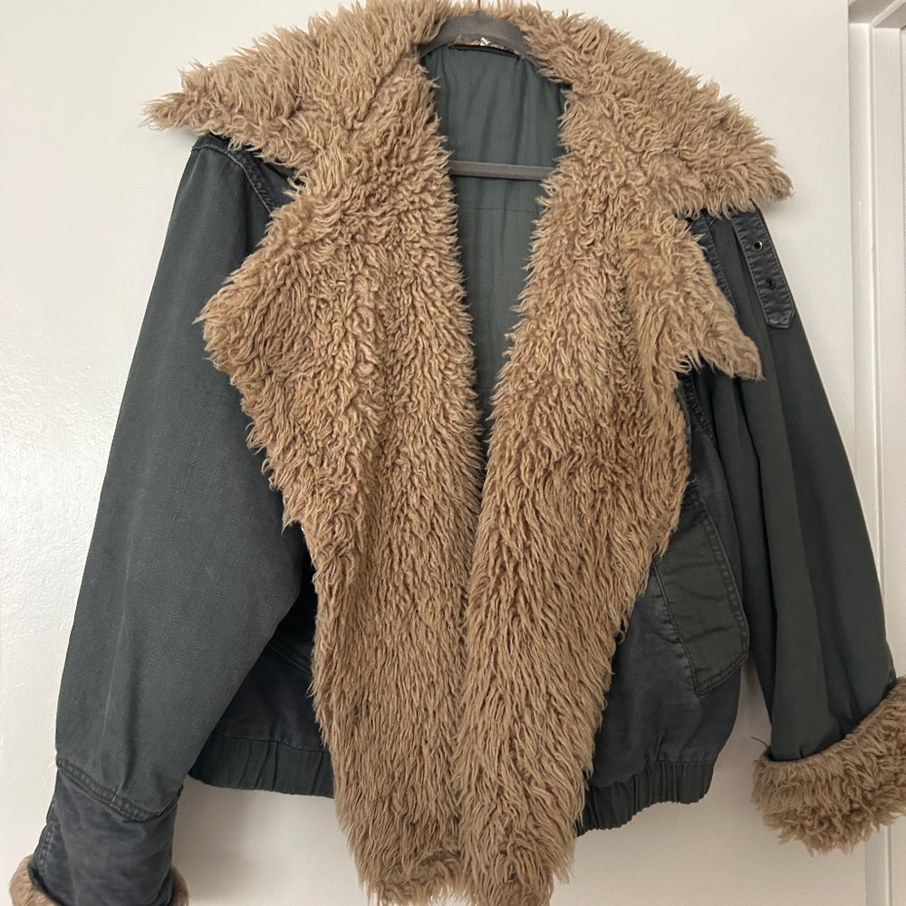 free people owen sherpa lined denim convertible bomber size small
